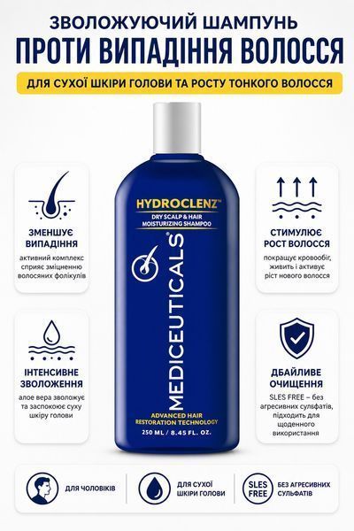 Увлажняющий шампунь для укрепления волос Mediceuticals Hydroclenz 250мл мужской для сухой кожи головы для роста тонких 36992 фото